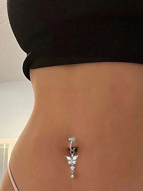 1 Pc Elegant Fake Piercing Navel Nail Inlaid White Zirconia Butterfly Pendant Clip On Belly Button Ring | SHEIN UK Bellly Ring, Clip On Belly Button Rings, Belly Dermal Piercing, Fake Navel Piercing, Pearl Belly Button Piercing, Belly Button Piercing Ring, Aesthetic Belly Button Piercing, Cute Belly Piercings, Navel Piercing Aesthetic