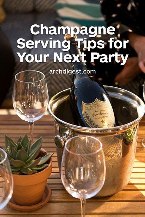 Impress your guests—and enjoy your own bubbly more—with these indispensable tips on serving Champagne | archdigest.com How To Serve Champagne At A Wedding, Champagne Bar At Home, Champagne Table, Wedding Champagne Bar, Hors Devours, Champagne Drinks, Toddler Party Dress, Champagne Party, Champagne Bar