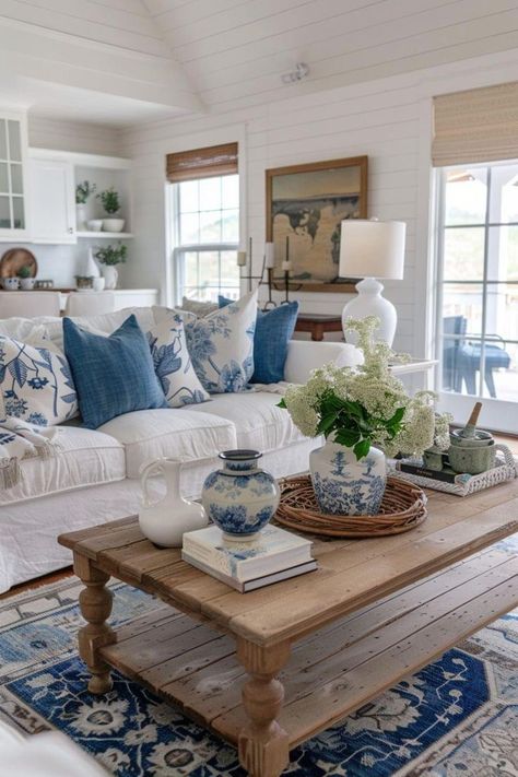 ￼ Blue And White Living Room Coastal, Florida House Decor, Farmhouse On A Budget, Farmhouse Beach Decor, Blue And Cream Living Room, Coastal Farmhouse Living Room, Ideas Decoracion Salon, Blue And White Decor, Blue And White Living Room