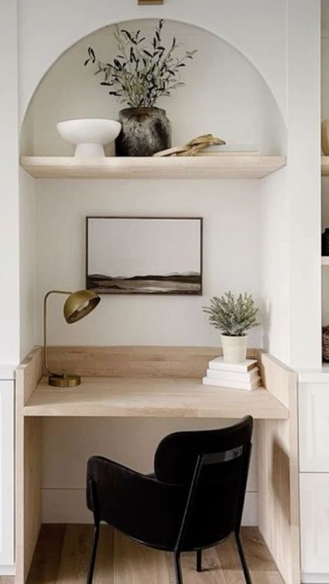 Cupboard Desk Study Nook, Small Office Alcove, Tv With Desk Underneath, Small Nook Desk, Study Alcove Ideas, Built In Desk Beside Fireplace, Study With Storage Design, Small Desk Nook In Bedroom, Diy Desk In Alcove