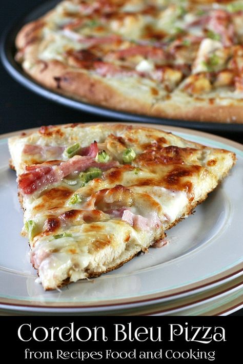 Cordon Bleu Pizza | Cordon Bleu Pizza with a garlic cream sauce, chicken breast, ham strips, green onions and Italian cheeses. #NationalPizzaDay2020 Pizza With Ham, Cream Sauce Chicken, Naan Pizzas, Brewery Ideas, Pizza Pies, Pizza Calzone, Ham Pizza, Chinese Egg, Pizza Roll