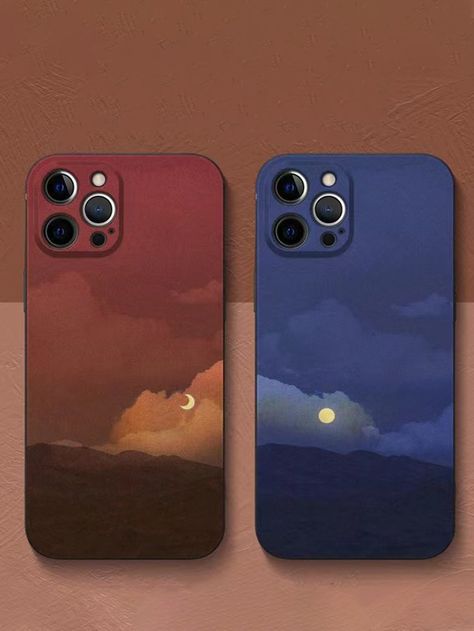 Multicolor  Collar  TPU Landscape Print Phone Cases Embellished   Phone/Pad Accessories Couple Landscape, Artsy Phone Cases, Friends Phone Case, Phone Case Diy Paint, Beautiful Iphone Case, Matching Phone Cases, Creative Iphone Case, Couples Phone Cases, Landscape Pattern