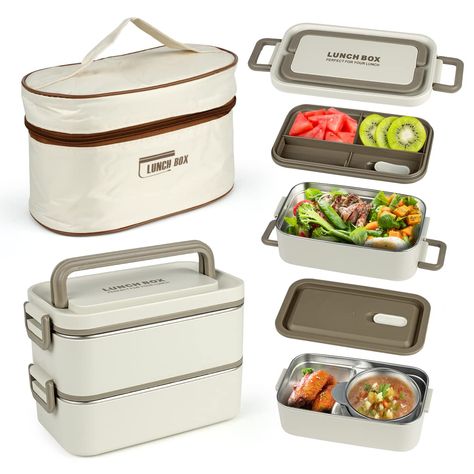 PRICES MAY VARY. 【Food Grade Material】Keweis lunch box Containers set is made of high quality food-grade safe PP plastic (external) and durable 304 stainless steel (internal), BPA free, No rust, no odor retention, so you can use it without any worries. HEALTH AND SAFETY, Unique design, fresh and elegant style, perfect for aldults women and men. 【2 layered Stackable & Soup Bowl 】Stackable bento boxes with layered and compartments design prevents different foods from mixing, thus maintaining the o Stainless Steel Bento Box, Thermal Lunch Bag, Adult Lunches, Thermal Lunch Box, Lunch Box Containers, Lunch Box Set, Bento Recipes, Premium Food, Lunch Containers