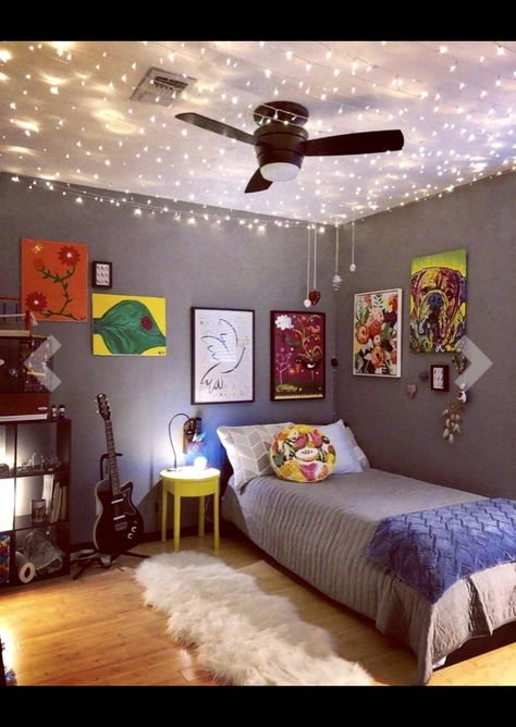 string lights on the ceiling ✨ Ceiling Lights Bedroom Aesthetic, Vibes On Ceiling, Alternative Lighting Bedroom, String Lights Bedroom Ceiling, String Lights On Ceiling, String Lights Bedroom Ideas, Ceiling String Lights, String Lights Ceiling, Kids Room String Lights