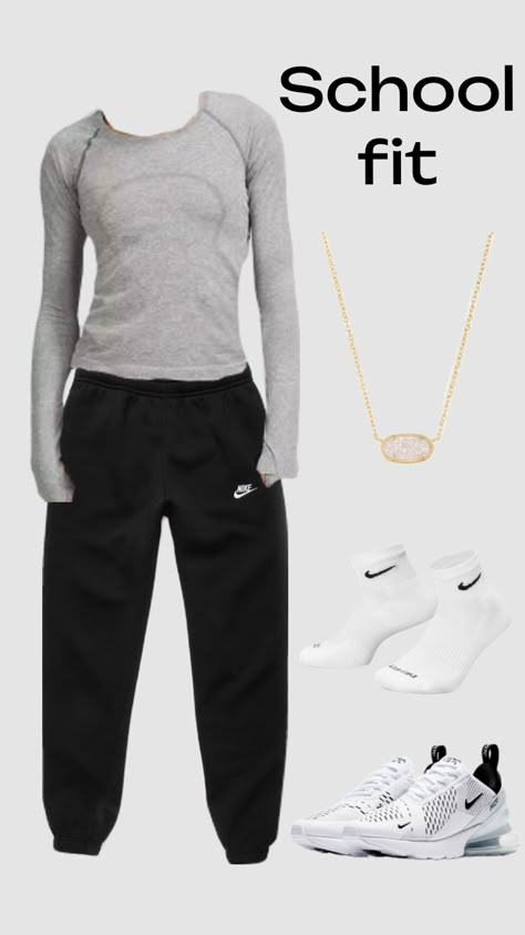 #outfitinspo #schoolfit Cute Outfits With Black Sweatpants, Black Nike Sweatpants Outfits, Black Sweatpants Outfit, Everyday School Outfits, Cute Athletic Outfits, Black Nike Sweatpants, Cute Nike Outfits, School Fit, Sweatpants Outfit