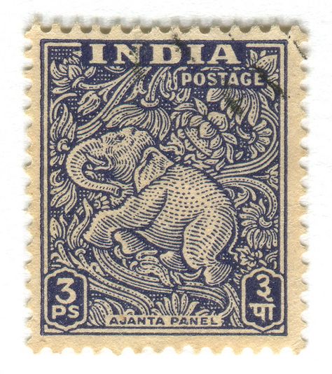 India Postage Stamp: Ajanta Caves Elephant. c. 1949 #stamp elephant postage stamp. ephemera India 1940s vintage dark blue. Indian Stamps, Stamp Illustration, Ajanta Caves, Woodcut Prints, طوابع بريد, Visuell Identitet, Drawing Portraits, Postage Stamp Design, طابع بريدي