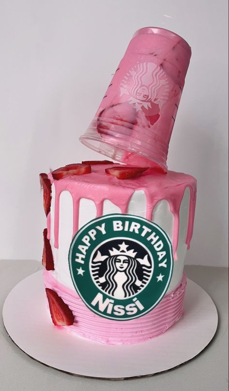 Starbucks Pink Drink Cake Ideas, Starbucks Themed Birthday Cake, Starbucks Pink Drink Cake, Asthetic Cakes For Girl, Pink Starbucks Cake, Pink 15th Birthday Cake, Pink Drink Party, Starbucks Cake Design, Pink Drink Cake