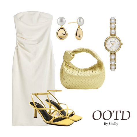 White bandeau dress styled with yellow bottega bag , yellow heels and gold plated pearl jewellery White Dress Gold Jewelry Outfit, White Dress With Gold Accessories, White Dress Gold Accessories, White Bags With Gold-tone Hardware For Summer, White Summer Bag With Gold-tone Hardware, White Bandeau Dress, White Shoulder Bag With Gold-tone Hardware For Evening, Bottega Bag, Accessorizing Outfits