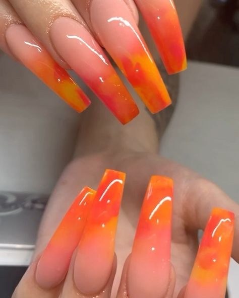 Orange Red Marble Nails, Pink Orange Marble Nails, Orange Blooming Nails, Pink Orange Acrylic Nails, Orange And Pink Marble Nails, Orange Marble Nail Designs, Sunset Marble Nails, Orange Marble Nails Acrylic, Caribana Nails