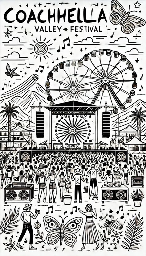 The line drawing for the Coachella Valley Music and Arts Festival. It features a large main stage, the iconic Ferris wheel, a lively crowd, palm trees, mountains, and unique art installations, all with whimsical elements like musical notes and stars. Enjoy! If you need any more pages or further modifications, feel free to let me know in the comment... Coachella Graphic Design, Coachella Poster Design, Music Festival Graphic Design, Festival Line Up Poster, Coachella Design, Coachella Graphic, Festival Websites, Doodle Art Love, Coachella Poster