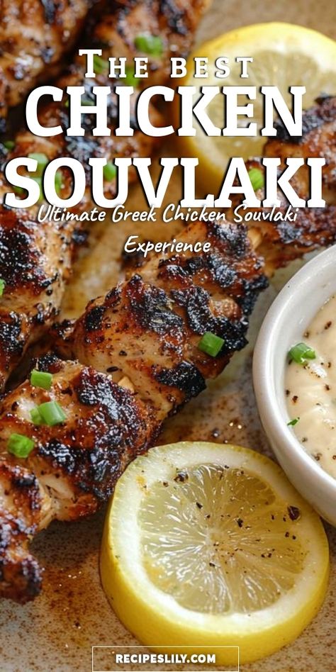 I can't get enough of this amazing chicken souvlaki! It's the ultimate Greek experience, bursting with flavor and perfectly charred. Paired with a tangy lemon and creamy dip, each bite is a delightful taste of Greece. Perfect for summer BBQs or a cozy dinner! Authentic Greek Chicken Souvlaki Marinade, Souvlaki Seasoning Recipe, Chicken Souvlaki Oven, Chicken Slovakia Recipes, Chicken Solvocki Recipe, Chicken Slovaki, Souvlaki Salad, Chicken Souvlaki Marinade, Greek Chicken Souvlaki Recipe