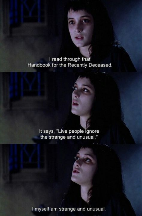 Lydia Deetz: I can relate to this character and quote in many ways. Beetlejuice Quotes, Beetlejuice Lydia, Lydia Beetlejuice, Beetlejuice Halloween, Strange And Unusual, Childhood Characters, Lydia Deetz, Tim Burton Films, Tim Burton Movie