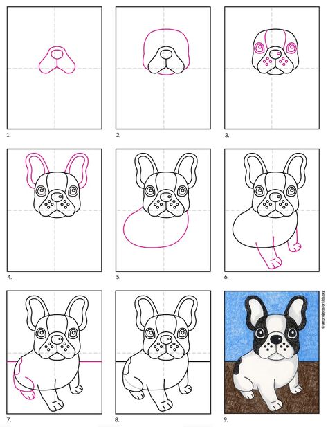 How to Draw a French Bulldog · Art Projects for Kids How To Draw A French Bulldog, Frenchie Painting Easy, Frenchie Cookies, Frenchie Drawings, Draw French Bulldog, French Bulldog Sketch, French Bulldog Drawing, French Bulldog Painting, Bulldog Drawing