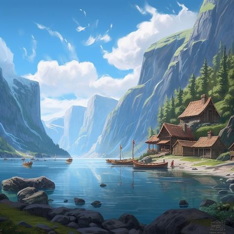 Fjord Painting, Norwegian Garden, Environments Art, Norwegian Landscape, Fantasy Settings, Norwegian Fjords, Beautiful Landscape Paintings, Sailing Art, Digital Sculpting