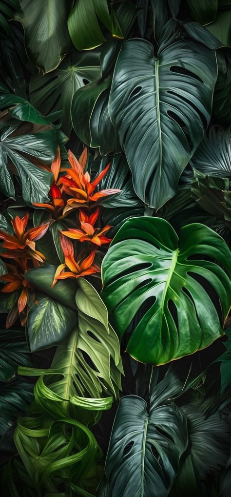 Floral wallpaper with lush tropical plants close-up Tropical Nature Photography, Monstera Phone Wallpaper, Leaf Aesthetic Wallpaper, Dark Tropical Aesthetic, Graphic Background Design, Aesthetic Wallpaper Phone, Leaf Aesthetic, Botanical Aesthetic, Botanical Inspiration