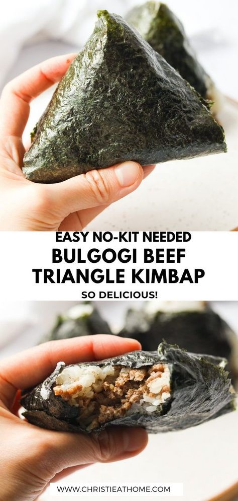 Bulgogi Beef Triangle Kimbap. Korean bulgogi flavoured ground beef wrapped in rice and crunchy sheet of seaweed. Simple, delicious, filling and totally satisfying. Great for breakfast, a snack, picnics or a quick lunch to take on the go! #kimbap recipe easy #korean food aesthetic snack #korean sushi kimbap #easy korean recipes #korean beef bulgogi recipe #ground beef bulgogi recipe #authentic asian recipes #asianrecipes #asianfood #koreanfood #koreanrecipes Food Inspiration Aesthetic, Triangle Kimbap, Easy Bulgogi, Koreansk Mad, Asain Food, Korean Bulgogi, Roasted Seaweed, Easy Korean Recipes, Bulgogi Recipe