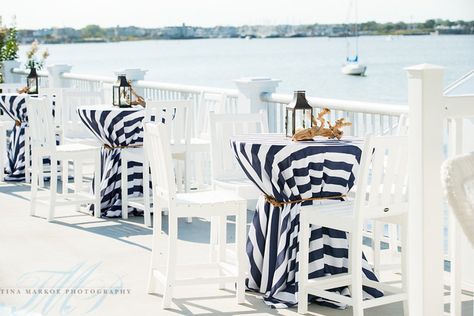 Fresh Nautical Yacht Club Wedding — A Garden Party Cocktail Table Wedding, Cocktail Hour Flowers, Yacht Party Theme, Hamptons Party, Nautical Bar, Cocktail Hour Decor, Sailing Theme, Cruise Party, Yacht Wedding