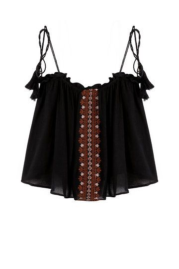 Tassel Shirt, Tank Pattern, Embroidery Shirts, Embroidered Tops, Shirts Crop, Embroidered Shirts, Tassel Top, Black Cami, Sleeveless Shirts