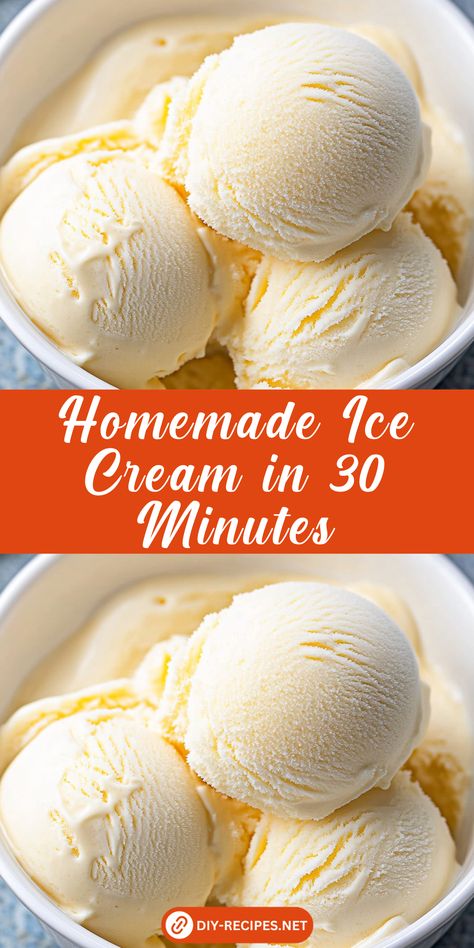 Make your own homemade ice cream in just 30 minutes! This easy vanilla recipe requires only a few ingredients and an ice cream maker. Perfect for a quick summer dessert. Homemade Ice Cream With Honey, Basic Ice Cream Recipe, Homage Ice Cream, Quick Homemade Ice Cream, Orange Crush Ice Cream Recipe, Easy Homemade Ice Cream Recipes Simple, Homemade Ice Cream With Machine, Homemade Ice Cream With Eggs, Vanilla Ice Cream Homemade Machine