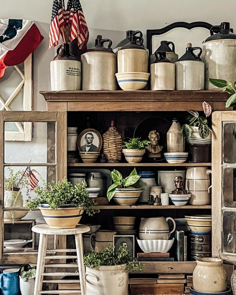 Ohhh - Hi Abe!!!!! . I have been... - My Weathered Home | Facebook Antique Bowls Display, Crock Bowls Decor, Pottery Display Ideas Home, Decorating With Vintage Crocks, Crock Display, Pottery Crockery, Antique Styling, Diy Framed Wall Art, Grandmacore Aesthetic