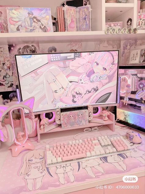 Pink And White Gaming Setup Aesthetic, Pink Computer Setup, Kawaii Pc Setup, Pink Pc Setup, Pink Gaming Room, Kawaii Posters, Cute Desk Organization, Games Room Inspiration, Kawaii Room Ideas