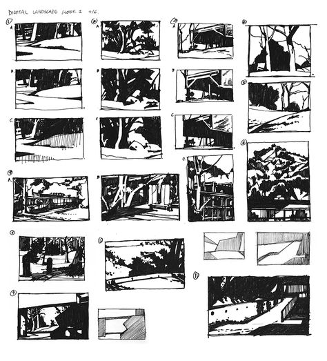 Exercises01 Notan Art, Negative And Positive Space, Tree Drawings Pencil, Thumbnail Sketches, Graphic Shapes, Black And White Comics, Comic Layout, Landscape Sketch, Value In Art