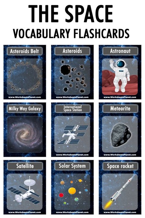 Space Flashcards, Montessori Space, Space And Universe, Space Vocabulary, Space Lesson Plans, Earth And Solar System, Galaxy Projects, Space Lessons, Reading Body Language