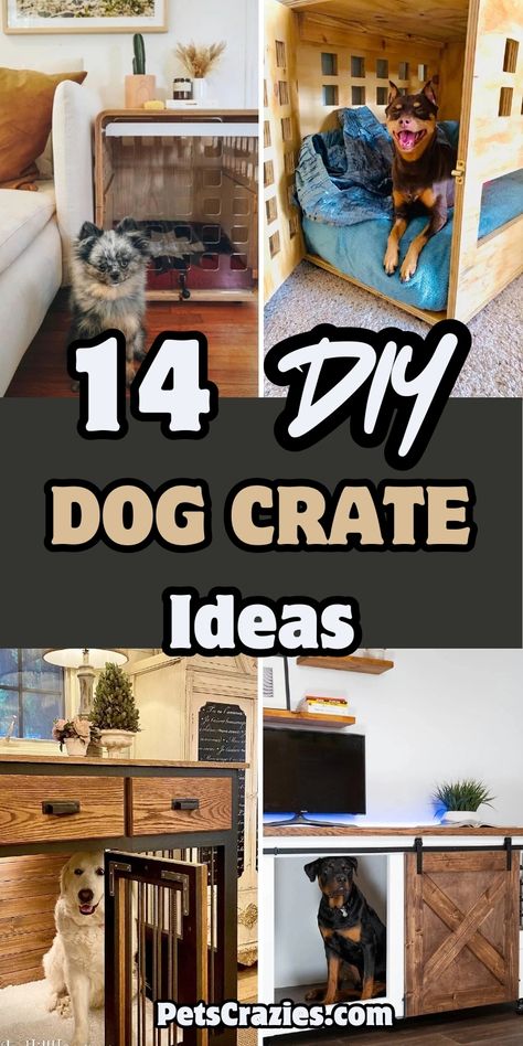 "Image shows four DIY dog crate ideas for cozy and stylish pet spaces. The text '14 DIY Dog Crate Ideas' is displayed in a bold, playful font. Styles range from rustic wooden crates to modern integrated designs, like desk crates with sliding barn doors. Each crate combines function with home decor, providing comfortable and personalized spaces for dogs while enhancing room aesthetics." Side Table Kennel, Dog Kennel Side Table Diy, Dog Kennel Coffee Table, Built Ins With Dog Crate, Farmhouse Dog Crate Diy, Homemade Dog Crate Furniture, Repurposed Dog Kennel, Dog Kennel Organization Ideas, Inside Dog Crate Ideas