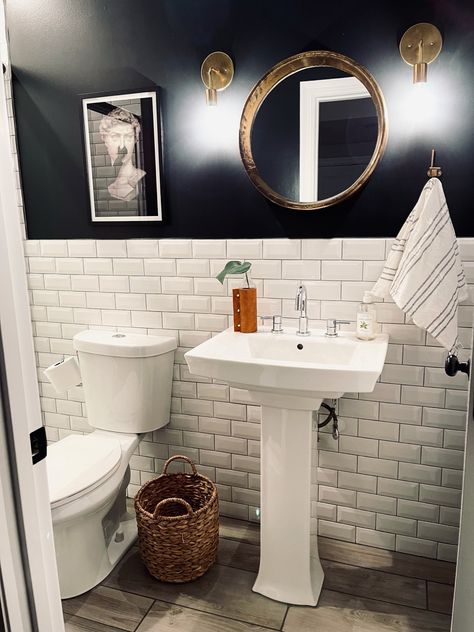 Quirky Art for the Basement Bathroom Black Accent Wall Bathroom Half Baths, White And Charcoal Bathroom, Black Paint In Bathroom, Charcoal Bathroom Walls, Black And White Half Bathroom, Black Half Bathroom, Basement Upgrades, Small Basement Bathroom, Small Half Bathroom