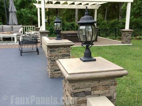 Loveeee stone columns with lighting Faux Columns, Column Wrap, Marguerite Duras, Faux Stone Panels, Decorative Columns, Faux Panels, Beautiful Outdoor Living Spaces, Porch Columns, Stone Pillars