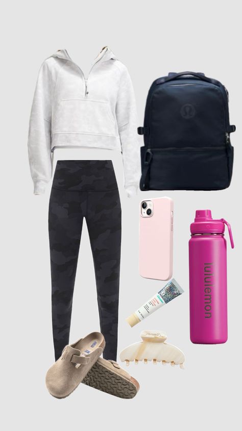 back to school outfit/ lululemon outfit/ fall outfits ~~ boston clog, lululemon pants, lululemon Scuba hoodie, lululemon backpack, lululemon waterbottles, Glossier lipbarms, iphone and craw clip #wishlist #cute #fyp #backtoschool #ootd #outfit #fall #fallaesthetic #lululemon #lululemonoutfitinspo Athletic Outfits Lululemon, Lululemon Backpack Outfit, Lululemon Outfits Winter, Basic Lululemon Outfits, Lululemon School Outfit, Lululemon Fall Outfit, Lulu Scuba Hoodie Outfit, Lululemon Wallpaper, Scuba Hoodie Outfit