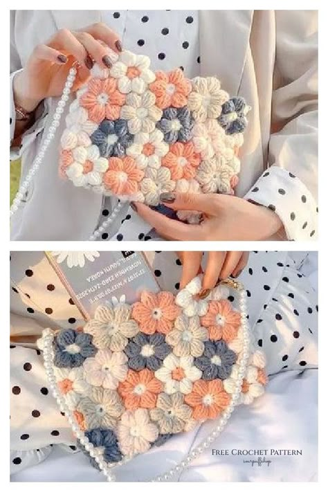 Flower Bag Free Crochet Pattern Purse Patterns Free, Tote Crochet, Crochet Puff Flower, Crochet Purse Pattern Free, Free Crochet Bag, Crochet Bag Pattern Free, Bag Pattern Free, Crochet Clutch, Crochet Purse Patterns