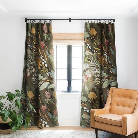 Iveta Abolina Biophilia Desiree Blackout Window Curtain - Bed Bath & Beyond - 39033191 Brown Living Room Curtains Ideas, Green Patterned Curtains, Fun Curtains Living Room, Curtains For Green Walls Living Room, Curtains In Dining Room, Jungle Curtains, Picture Window Curtains, Green Window Treatments, Biofilic Design