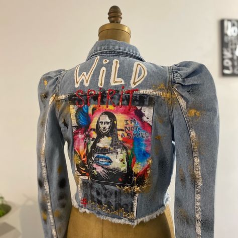 Custom Jacket Wild Spirit Size M No Stretch Painted Jacket Spirit Jacket, Shirt Upcycle Diy, Jean Jacket Design, Hand Painted Leather Jacket, Jean Jacket Diy, Distressed Cropped Denim Jacket, Upcycle Clothes Diy, Painted Denim Jacket, Long Sleeve Denim Jacket