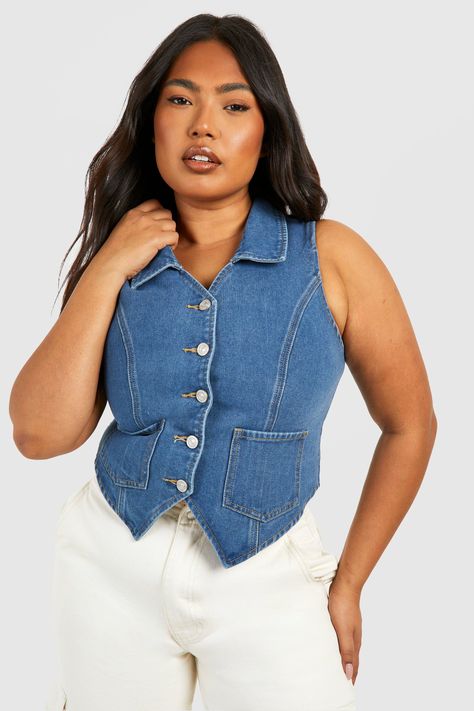 Plus Vest Denim Top Denim Waistcoat Outfit, Denim Waistcoat Outfit Woman, Waistcoat Outfit, Boohoo Style, Vest Denim, Plus Size Prom, Plus Size Romper, Smock Top, Plus Size Coats