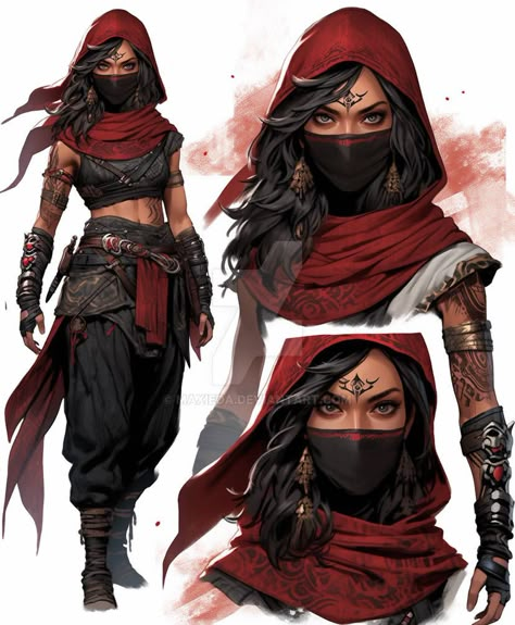 Fantasy Outfits Assassin, Black And Red Assassin Outfits Female, Warrior Character Design Female, Rouge Cosplay Dnd, Female Rouge Outfit Dnd, Rogue Outfit Design, Assassin Female Character Art, Dnd Cosplay Female, Assassin Clothes Women