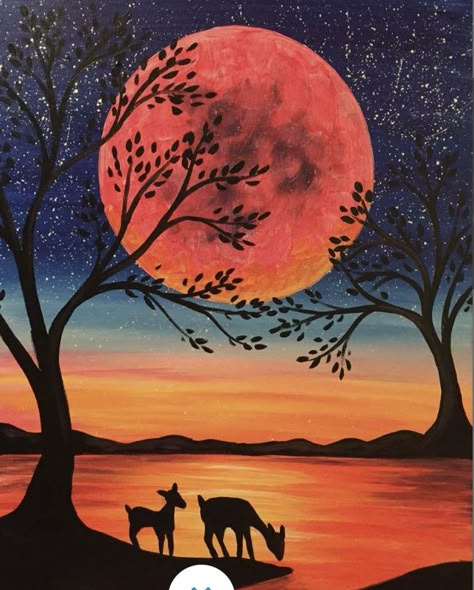 Sharpie Art Projects, Twist Ideas, Creative Oil Painting, Rising Moon, Sunset Canvas Painting, Easy Acrylic Painting, Simple Canvas Paintings, Easy Canvas Art, Moon Painting