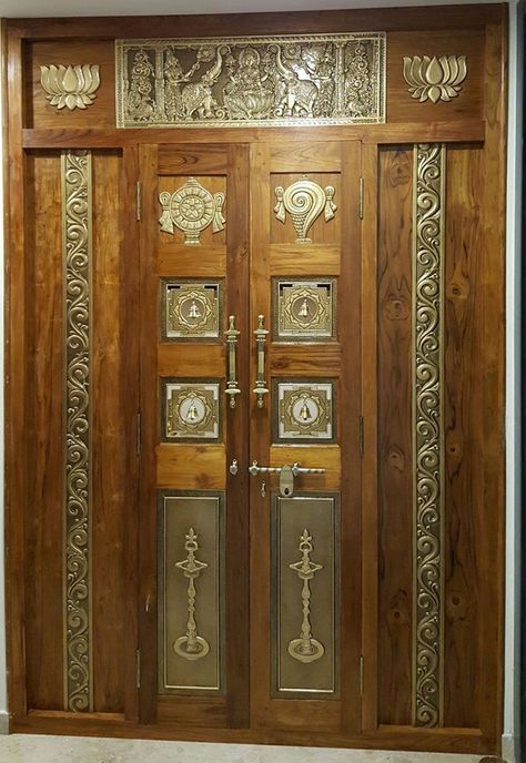 Pooja Room Doors, Indian Main Door Designs, Brass Railing, Pooja Room Door, Pooja Room Designs, Pooja Door, Pooja Door Design, House Main Door Design, Single Door Design