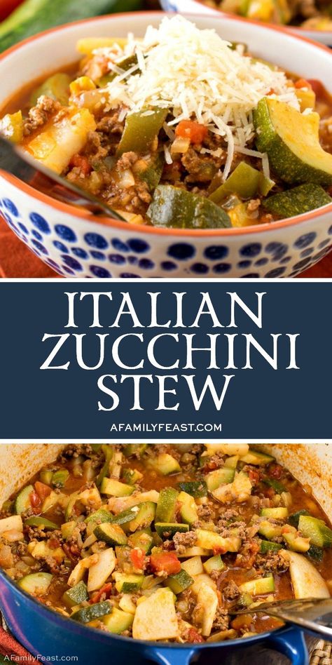 This Italian Zucchini Stew is loaded with fresh garden-grown zucchini, tomatoes, ground beef, potatoes and green bell pepper. Don’t forget the Parmesan cheese on top! Prostate Diet Recipes, Zucchini Stew, Ground Beef Potatoes, Italian Zucchini, Zucchini Soup Recipes, Beef Potatoes, Zucchini Soup, Green Bell Pepper, Green Pepper