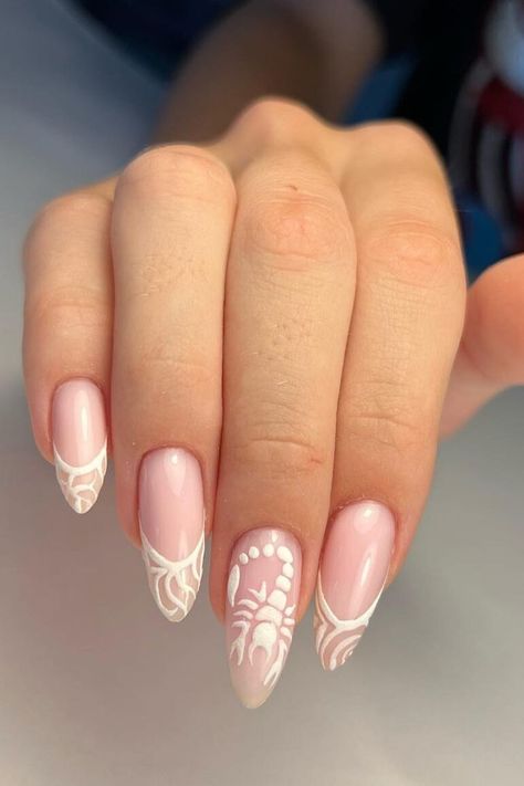 White Scorpio Nails Short Scorpio Nails, Scorpion Nail Art, Scorpio Nails Designs Short, Scorpion Nails Designs, Birthday Nail Set Ideas Scorpio, Scorpio Nails Acrylic, Scorpio Acrylic Nails, Scorpio Nail Art, Scorpio Nail Ideas