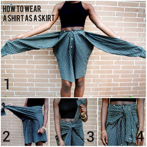 How to Wear a Shirt as a Skirt... Http://nicholealabi.com Shirt Into Skirt, Creative Clothing, How To Make Skirt, Tie Shirt, Clothes Diy, Afro Punk, Diy Clothing, Fashion Hacks, Girl Guides