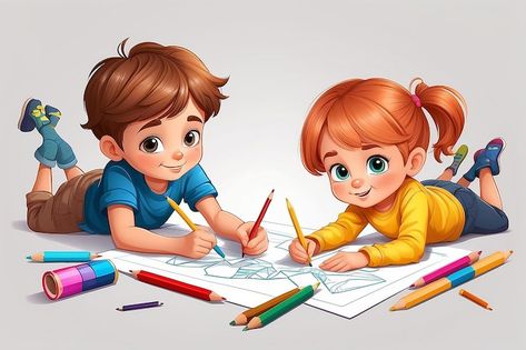 Picture Of Drawing, Laying On Floor, Boy And Girl Drawing, Drawing Children, Hand Washing Poster, Kindergarten Photos, Pastel Background Wallpapers, Children Pictures, Draw A Picture