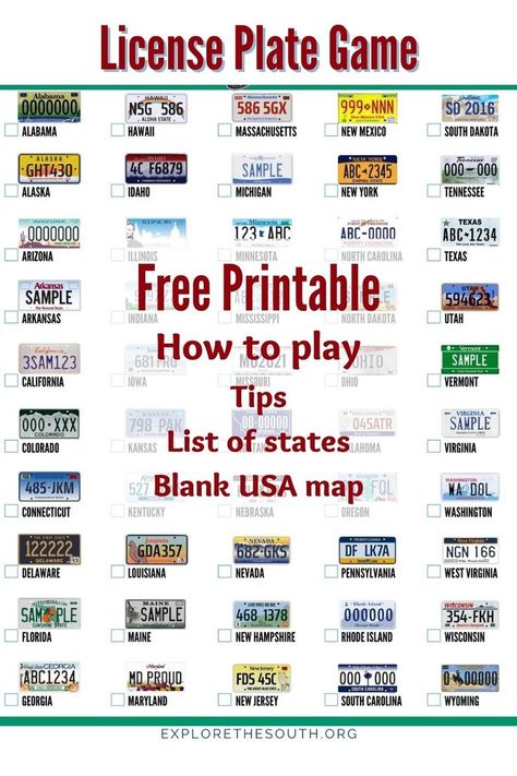 Free printable License Plate Game set. Includes page with pictures of car tags from all 50 states with check boxes and unmarked map of U.S. to fill in the states and or capitals and a list of all 50 states for reference. #cargames #travelgames #roadtrip 50 States Activities, License Plate Game, 50 States Travel, Virginia History, Car Tags, Maps For Kids, Holiday Party Games, South Carolina Beaches, Vacation Activities