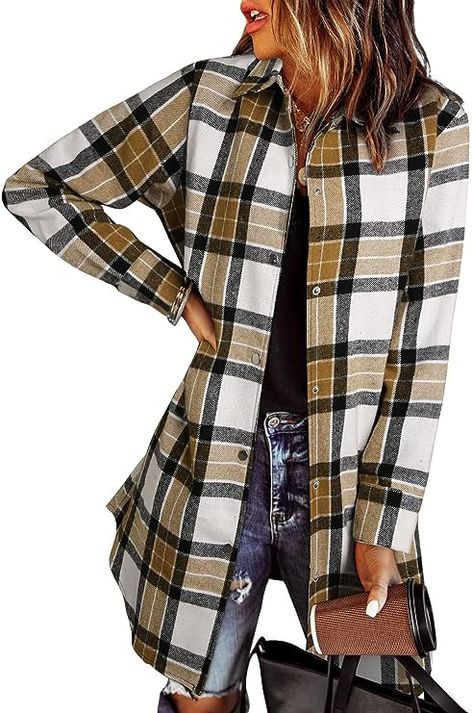 EVALESS Color Block Plaid Shirt Jacket Women V Neck Long Sleeve Button Down Blouses Tops Flannel Shirts Jackets Plaid Shacket, Flannel Shirts, Jacket Women, Amazon Fashion, Color Block, Plaid, Long Sleeve, Color