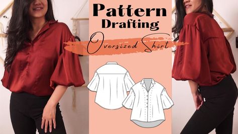 DIY Oversized Shirt with lapel collar and line puff sleeves Yoke Shirt Pattern, Oversized Shirt Pattern, Yoke Shirt, Loose Fit Shirts, Pattern Drafting, Puffy Sleeves, Diy Shirt, Shirt Pattern, Lapel Collar