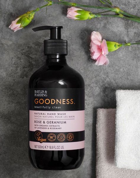 Baylis & Harding Goodness Hand Wash Rose & Geranium Hand Wash Packaging, Handwash Bottle Design, Hair Care Bottle Design, Body Wash Bottle Design, Body Wash Label Design, Soap Photography, Drugstore Skincare, Brown Bottles, Budget Beauty