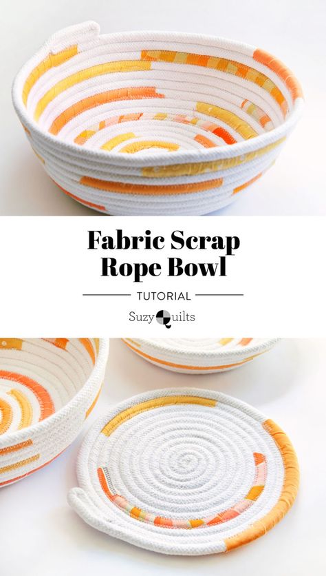 This fabric scrap rope bowl tutorial is simple to follow and will show you how to make a beautiful decoration using leftover fabric. suzyquilts.com #sewingdiy #sewingtutorial Rope Bowl Tutorial, Rope Basket Tutorial, Fabric Art Diy, Coiled Fabric Bowl, Suzy Quilts, Fabric Basket Tutorial, Diy Rope Basket, Coiled Fabric Basket, Rope Projects