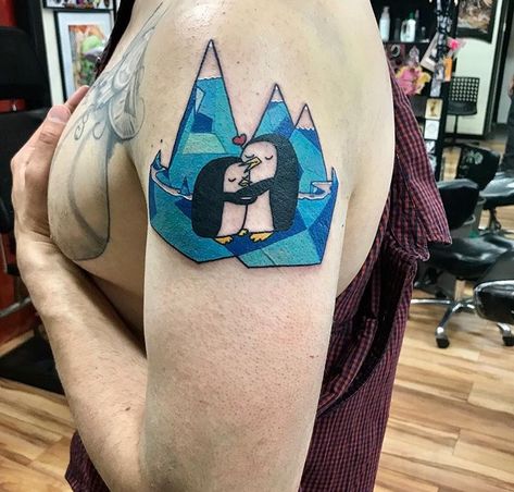 Gunther Tattoo, Adventure Time Tattoo, Time Tattoos, Traditional Tattoo, Adventure Time, Triangle Tattoo, Geometric Tattoo, Penguins, Embroidery