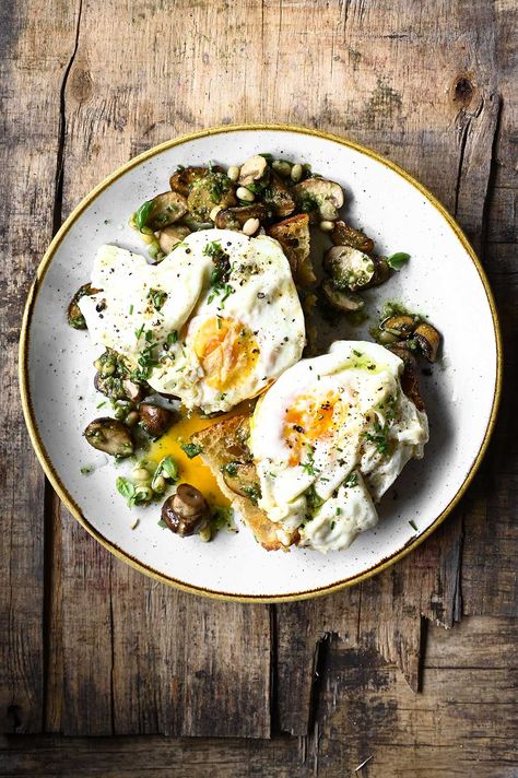 Pesto Mushrooms and Egg Toast Pesto Mushrooms, Mushrooms On Toast, Mushroom Toast, Drinks Ideas, Toasted Pine Nuts, Egg Toast, Dumpling Recipe, On Toast, Savory Breakfast