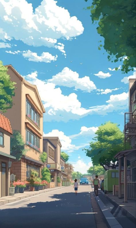 Anime Background Street Day, Street Anime Wallpaper, Sunny Day Aesthetic Wallpaper, Aesthetic Nature Drawing, Sunny Day Drawing, Sunny Day Illustration, Sunny Drawing, Sunny Day Wallpaper, Aesthetic Lofi Art